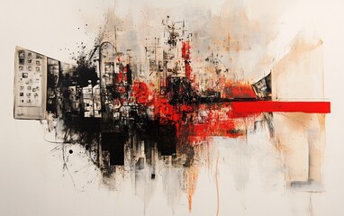 Abstract cityscape painting with layered textures and bold colors, depicting urban decay and chaos.