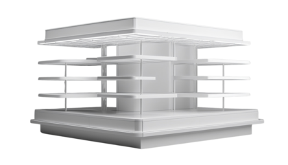 3d render blank showcase podium racked display store isolated on transparent background.