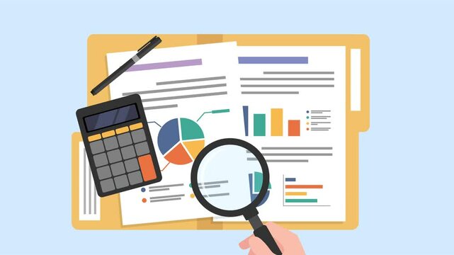 Animated hand holding magnifying glass and search for information on a folder sheet.