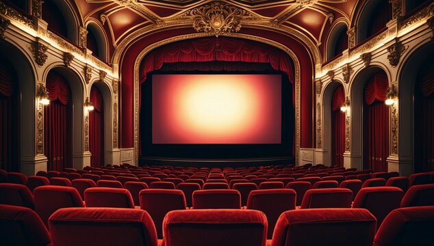 An elegant vintage theater interior with plush red seats and a grand stage, evoking a sense of nostalgia and anticipation.
