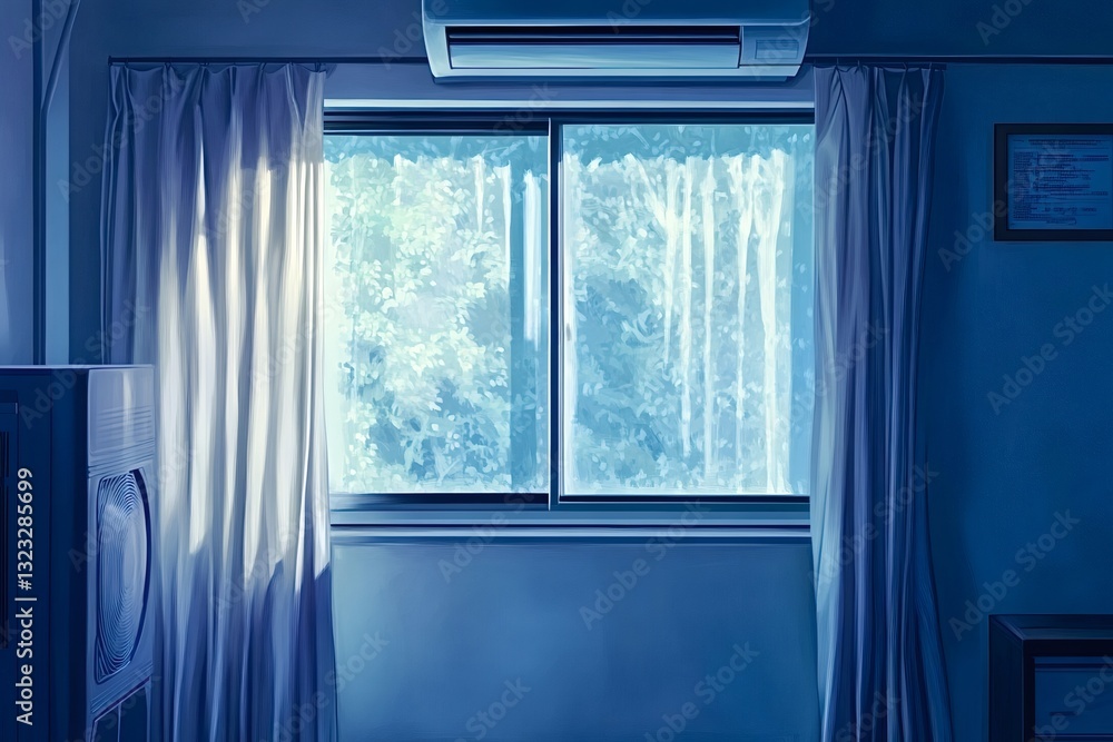 Poster sunlight filtering through a frosted window brightens a blue room adorned with curtains, while an ai