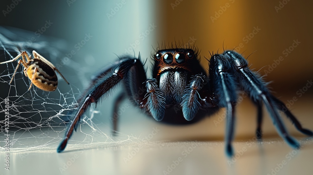 Aufkleber spider is on a web and a larger spider is looking at it. the spider on the web is smaller and has a 