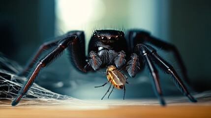 Spider is eating a bug. The spider is black and brown. The bug is yellow. The spider is in the middle of the image