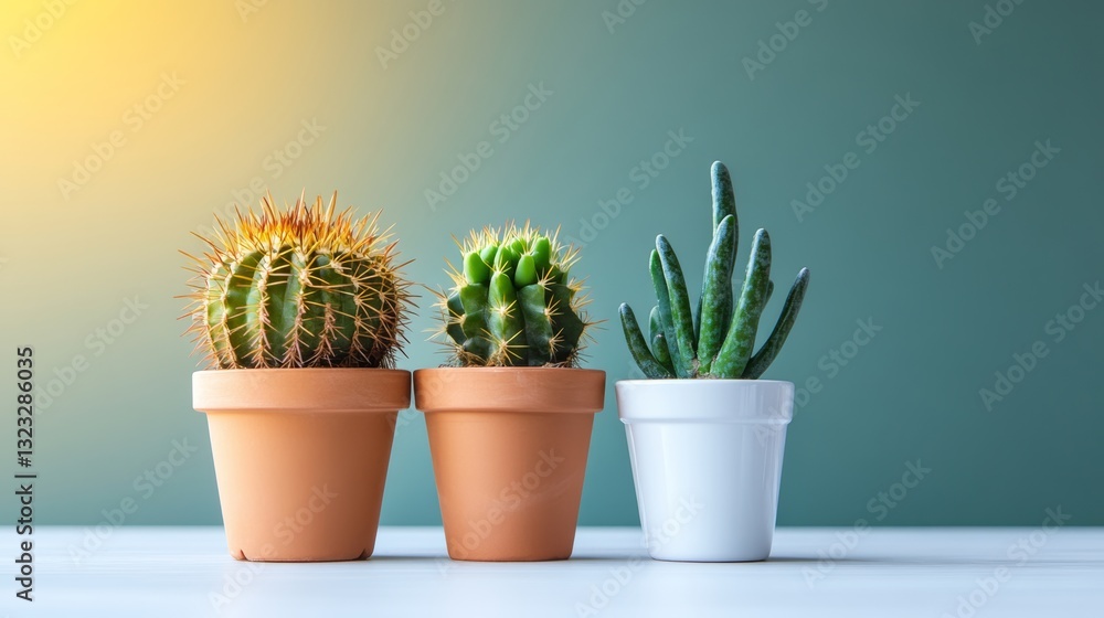 Poster three potted cacti are arranged on a table, with one in the middle and two on either side. the cacti