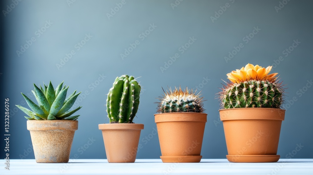 Aufkleber four potted cacti are lined up on a table. the cacti are of different sizes and are placed in differ