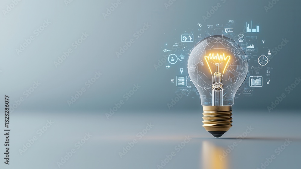 Poster a detailed 3d rendering of a luminous lightbulb showcasing its intricate design and the energy it ra