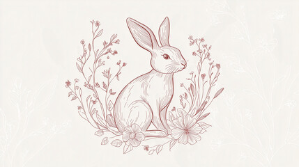 Obraz premium Minimalist Easter vector featuring delicate line-art bunny silhouette intertwined with floral elements.