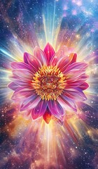 Obraz premium Beautiful oracle cards for production design. Vibrant lotus flower with cosmic background.