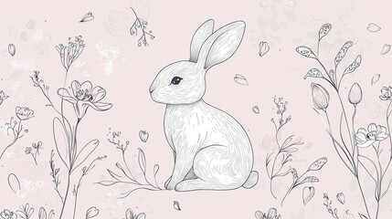 Minimalist Easter vector featuring delicate line-art bunny silhouette intertwined with floral elements.