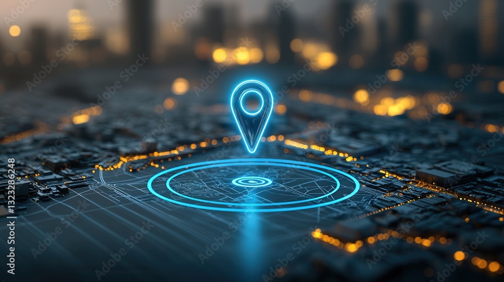 Poster a futuristic digital map display with a glowing blue location marker representing advanced gps navig