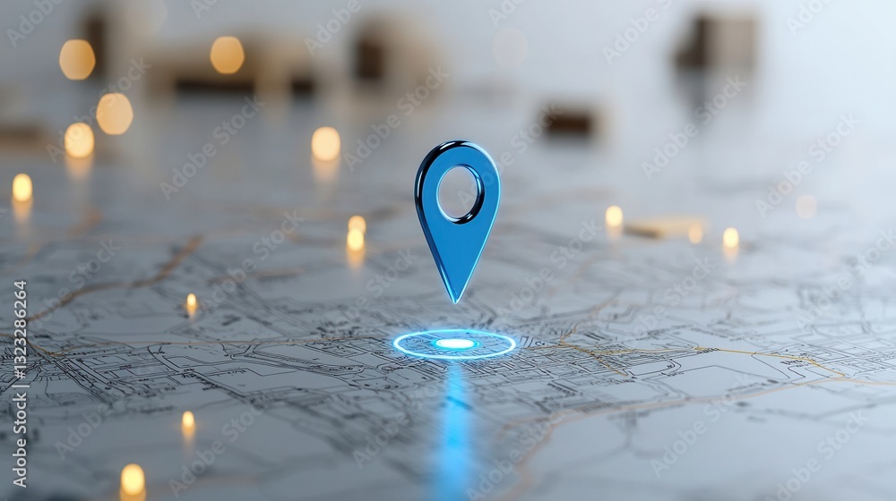 Poster a shot of a glowing blue location pin marker displayed on a detailed digital map representing gps na