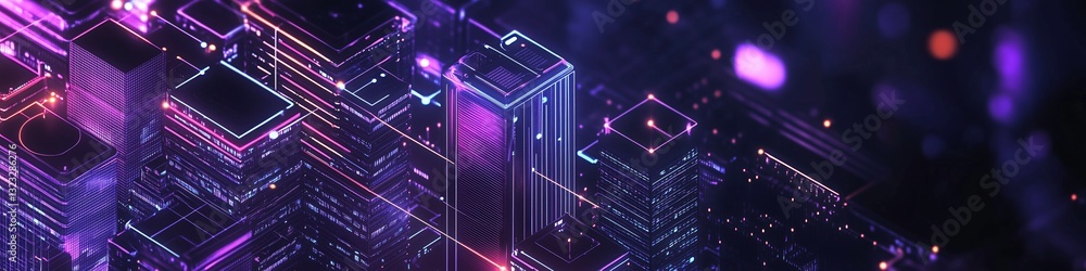 Poster cybernetic cityscape: an artistic rendition of a futuristic city, glowing with neon lights and intri