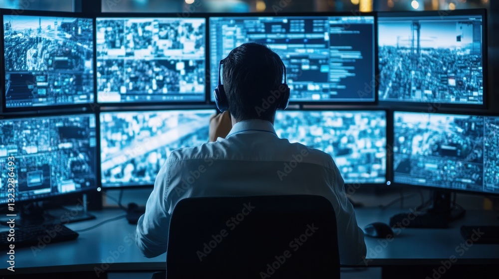 Aufkleber man in headset monitors multiple screens displaying city surveillance data. illustrates cybersecurit