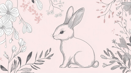 Minimalist Easter vector featuring delicate line-art bunny silhouette intertwined with floral elements.