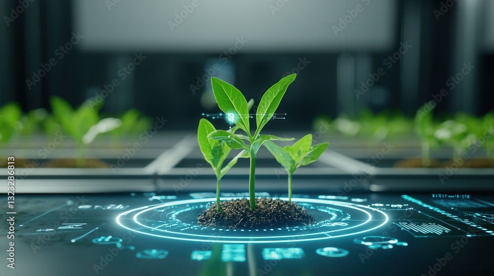 Poster a futuristic high tech farming ecosystem showcasing the growth of a corn seedling powered by innovat
