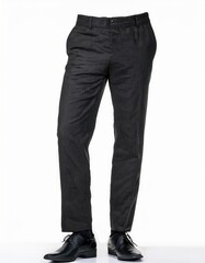A pair of dark-grey pinstripe trousers, neatly pressed, worn with black formal shoes. Simple, elegant style.