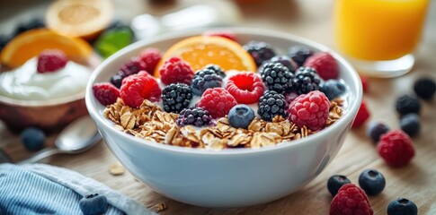 Delicious breakfast scene with a bowl of mixed berries and oats, perfect for a healthy start to your day.