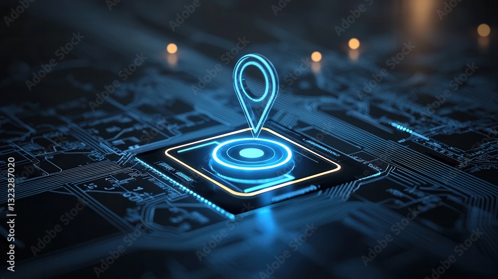 Poster a glowing futuristic 3d navigation pin icon hovering over a softly illuminated circuit board represe