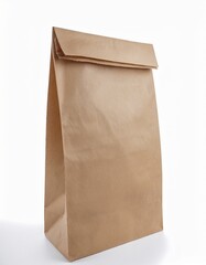A simple, light brown paper bag stands on a white background.  Perfect for packaging or carrying items.