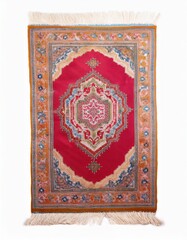 Intricate details and vibrant colors define this stunning rug. The rich red center is framed by a complex border of gold, blue, and green. A perfect addition to any home.