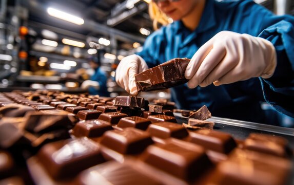 Chocolate production process factory industrial activity manufacturing environment close-up view culinary art