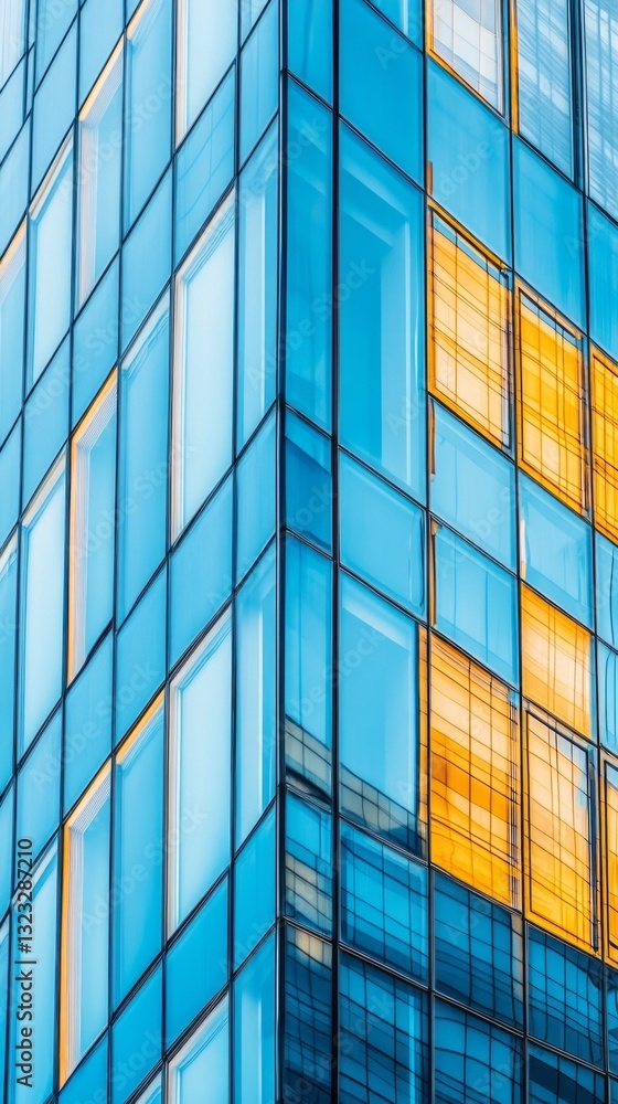 Poster sunlight strikes the reflective blue glass facade of a sleek modern building, creating a captivating