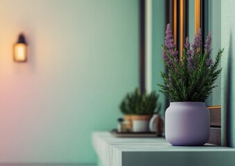 Purple vase with a plant in it sits on a window sill. The vase is on a ledge next to a cup. The scene is simple and peaceful, with the plant and vase providing a sense of calm and relaxation