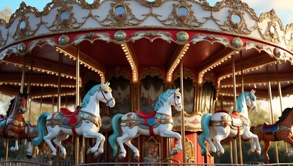 Obraz premium A beautifully ornate carousel featuring elegant white horses, radiating a nostalgic charm in a vibrant setting.