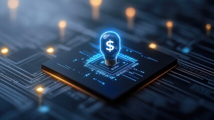 This image depicts an innovative financial technology concept featuring a luminous dollar sign icon against a backdrop of circuit board inspired elements