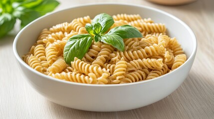 A clean white bowl of pasta topped with fresh basil, set on a light wooden table digital