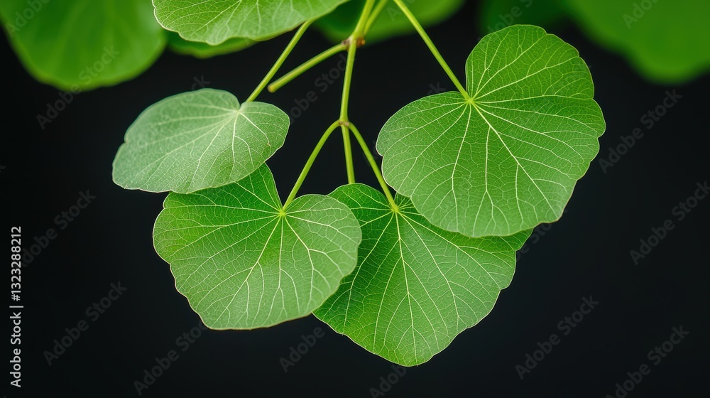 Poster a close-up view of vibrant green leaves with distinct vein patterns against a dark background.