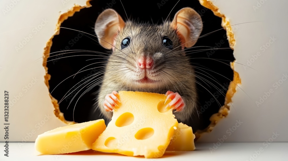 Poster mouse is holding a piece of cheese in its mouth. the scene is playful and lighthearted, as the mouse