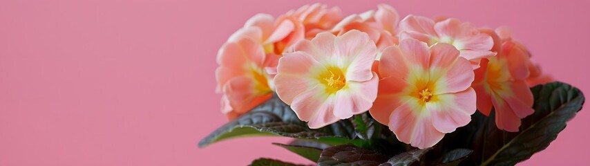 Fototapeta premium light pink primrose flowers with yellow centers on soft pink background
