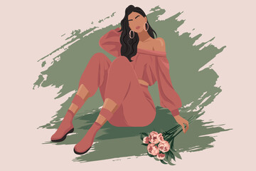 Vector illustration of a stylish faceless woman in a trendy off-shoulder outfit sitting with a bouquet of flowers. Earthy tones and a textured background create an elegant, modern aesthetic. 
