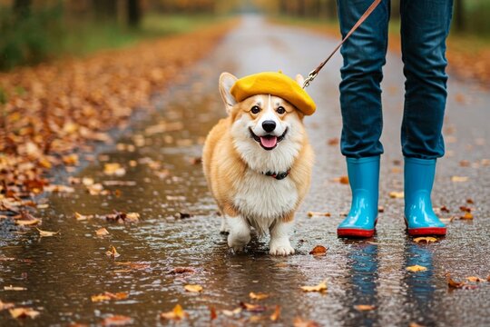 A Smiling Corgi Wearing a Beret Walks in Autumn Rain