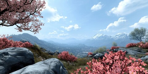A serene landscape featuring pink blossoming trees, rocky terrain, and distant mountains under a clear blue sky.