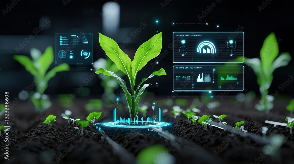Poster futuristic agricultural technology featuring a holographic display with data analytics and visualiza