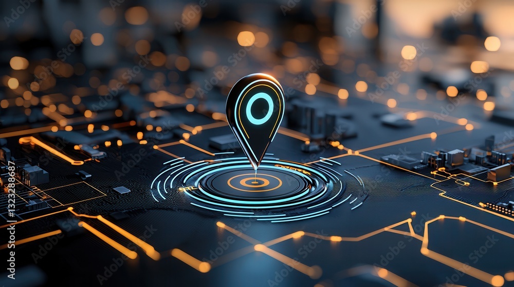 Poster this digital artwork depicts a futuristic and dynamic visualization of a navigation pin on a world m