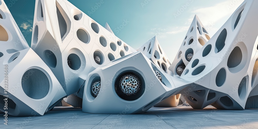 Poster abstract architectural marvel: an avant-garde building composed of interconnected geometric forms, p