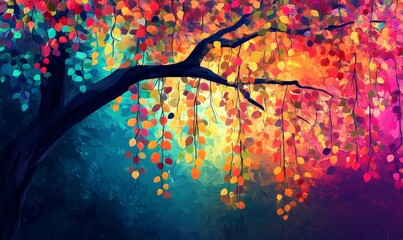 Elegant colorful tree with vibrant leaves hanging branches illustration background. Bright color 3d abstraction wallpaper for interior mural painting wall art decor