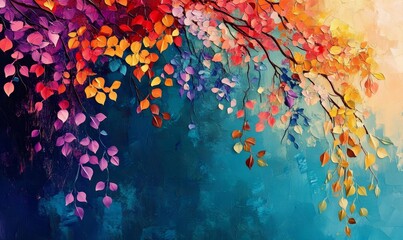 Elegant colorful tree with vibrant leaves hanging branches illustration background. Bright color 3d abstraction wallpaper for interior mural painting wall art decor