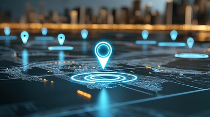 Futuristic digital navigation map with glowing pinpoint markers displayed over a modern urban cityscape skyline representing advanced location based technology data analytics