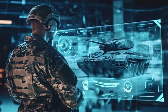Military personnel wearing a helmet with headphones is using a futuristic augmented reality holographic interface analyzing a tank in a technological operations center