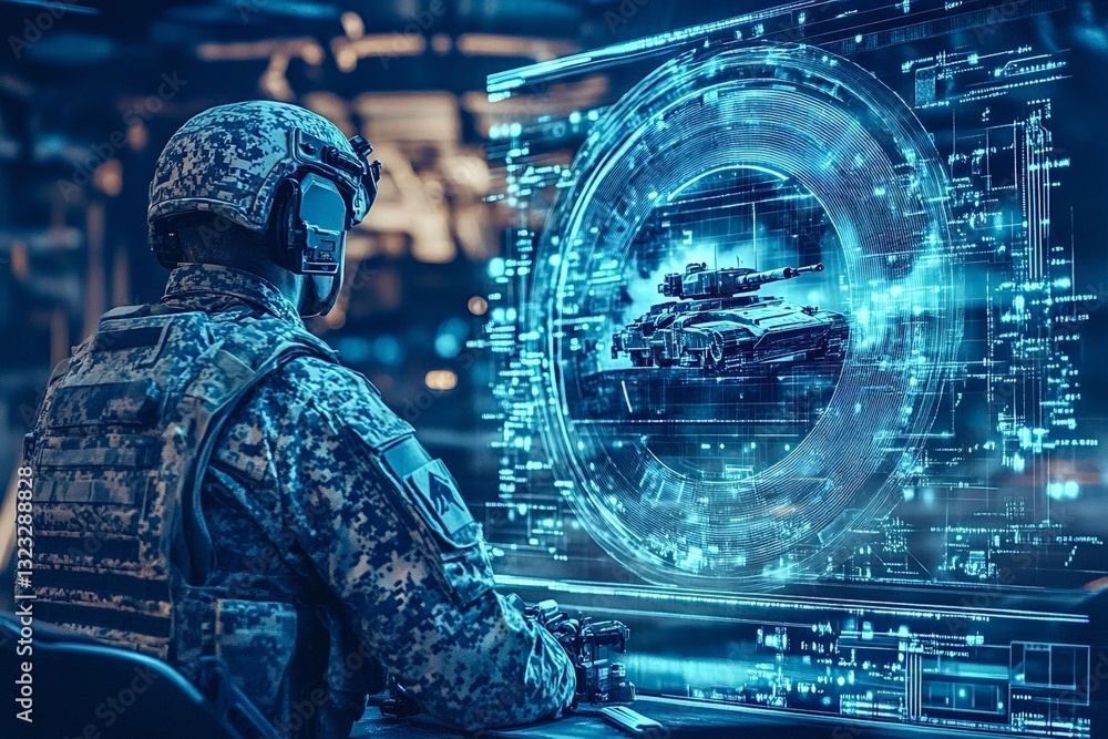 Poster soldier in camouflage uniform and helmet operating a futuristic computer system with holographic int
