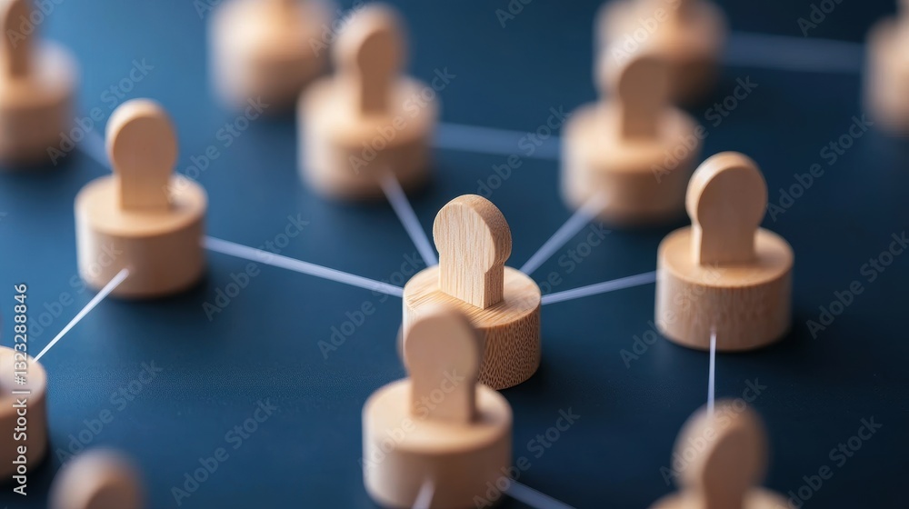 Poster a close-up image of wooden figurines connected by lines, symbolizing networking and collaboration in