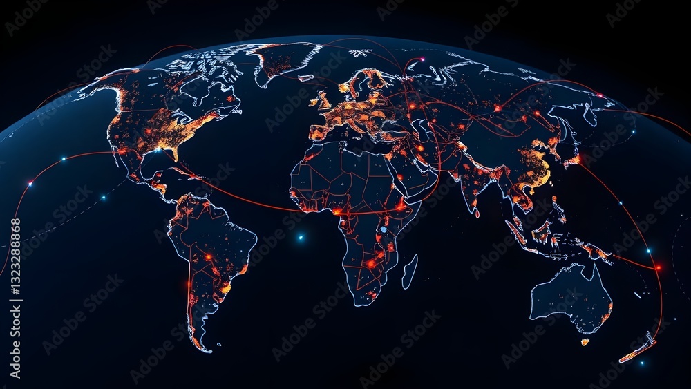 Poster world map with glowing lines on dark background. global network connection. vector illustration.
