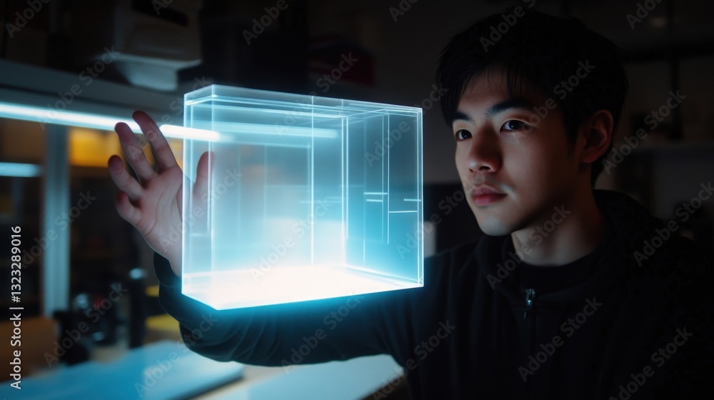 Poster asian architect is exploring a futuristic 3d model of a building using an augmented reality interfac