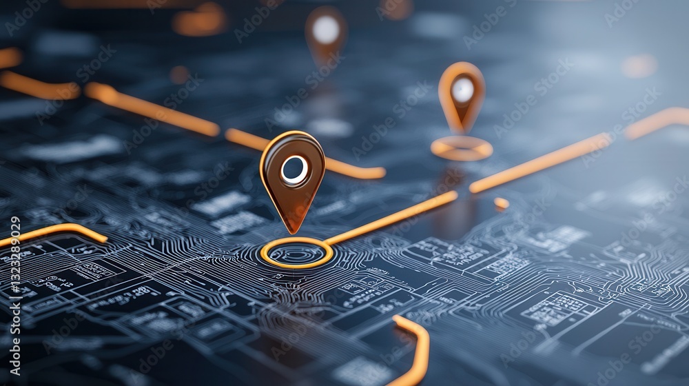 Poster this image represents a modern navigation system featuring a map with a highlighted location marker 