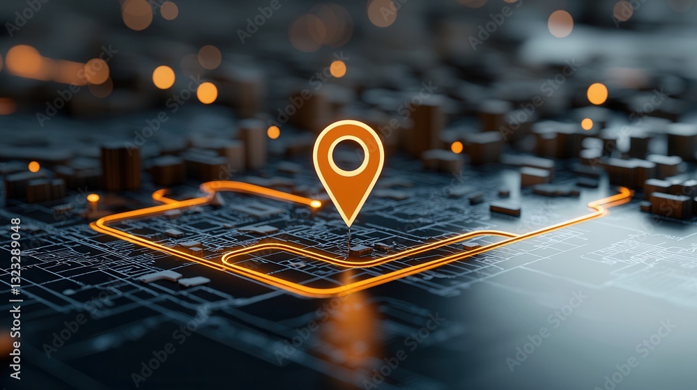 Poster a digital futuristic map interface with a glowing pin marking a specific location highlighting the c