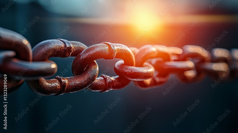 Poster chain of metal links is shown in a close up. the chain is rusty and he is old. the image has a moody